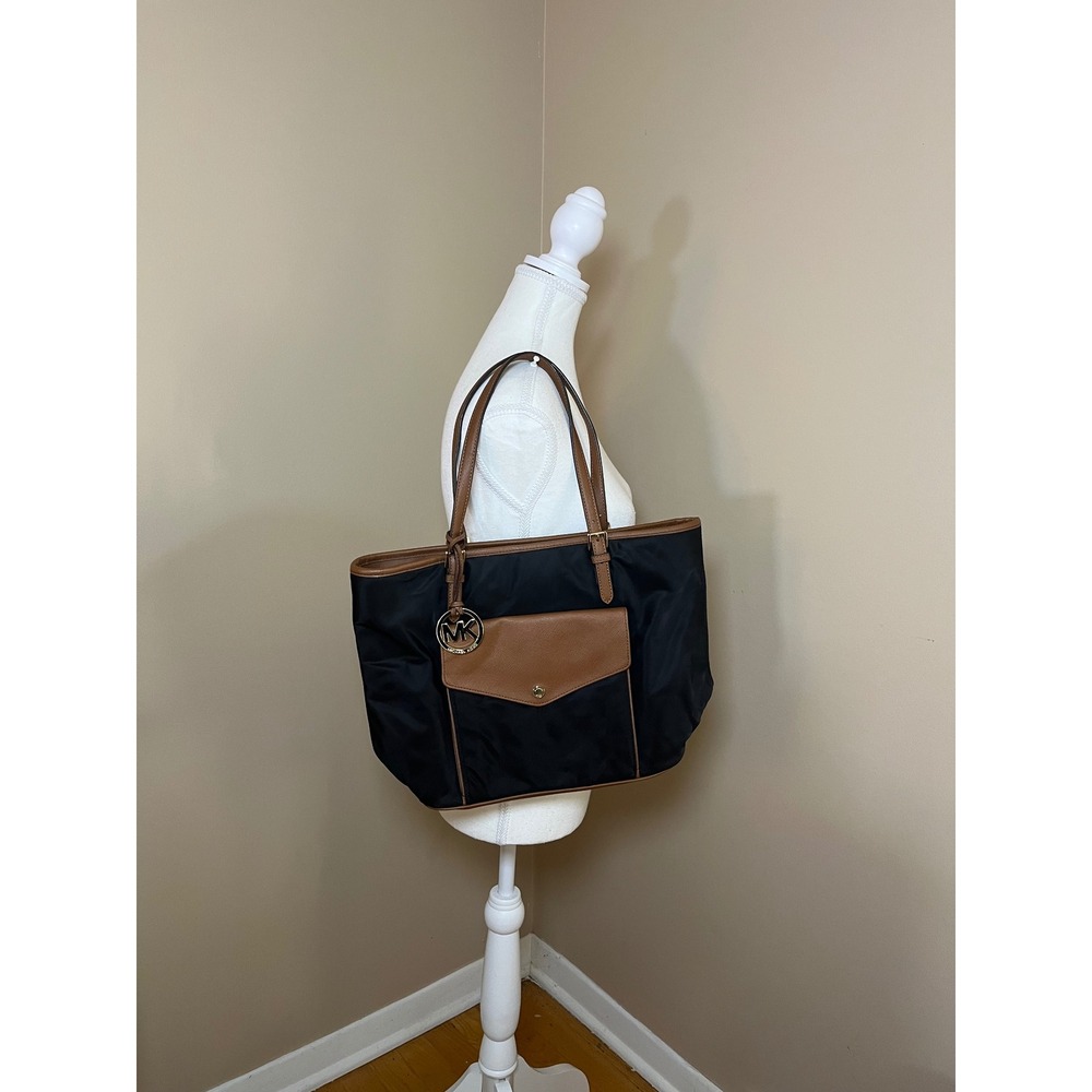 Michael Kors Black Nylon Tan Leather Trim Tote Bag Gold Hardware Shoulder Bag